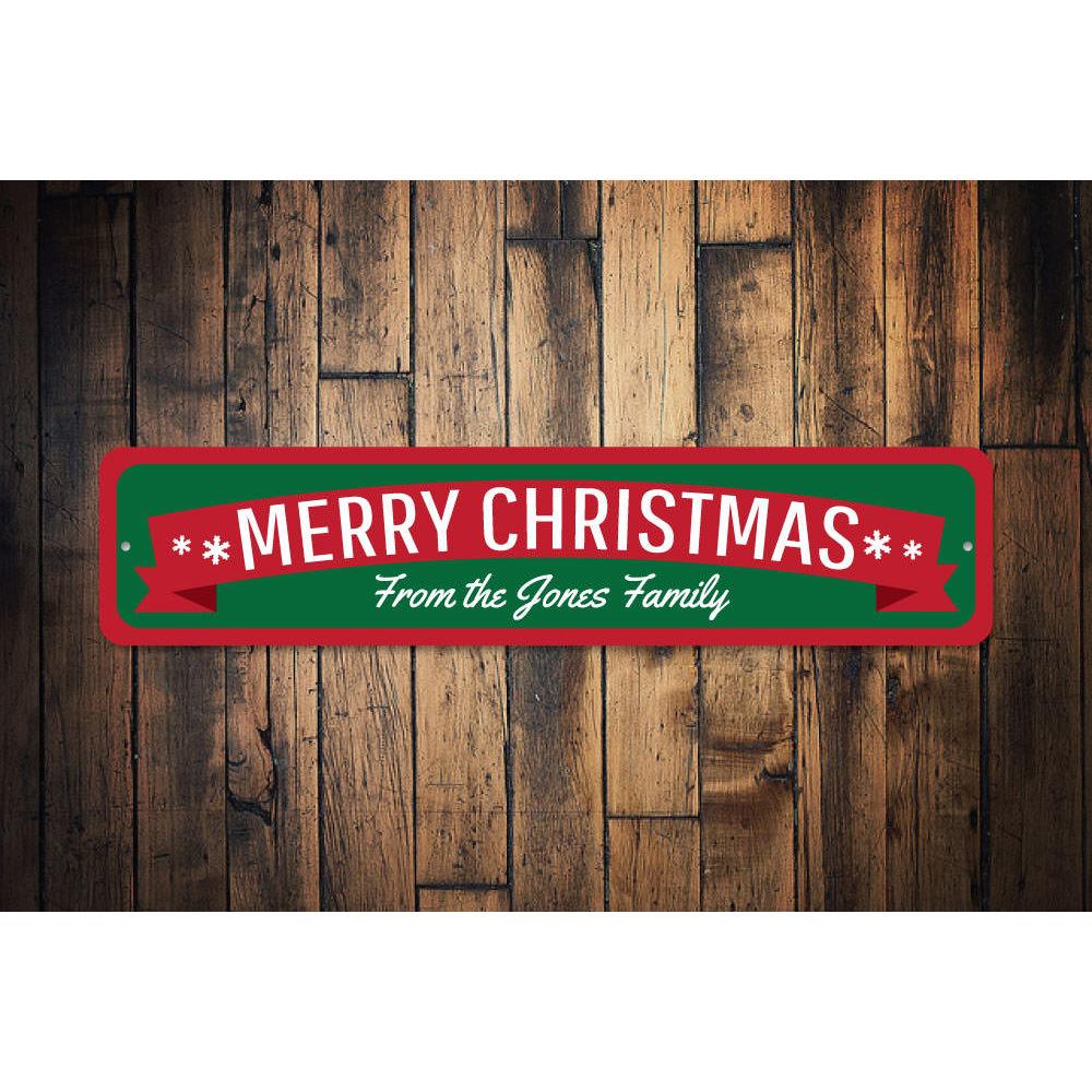 Merry Christmas Banner Sign featuring festive design and customizable text, made from high-quality aluminum.