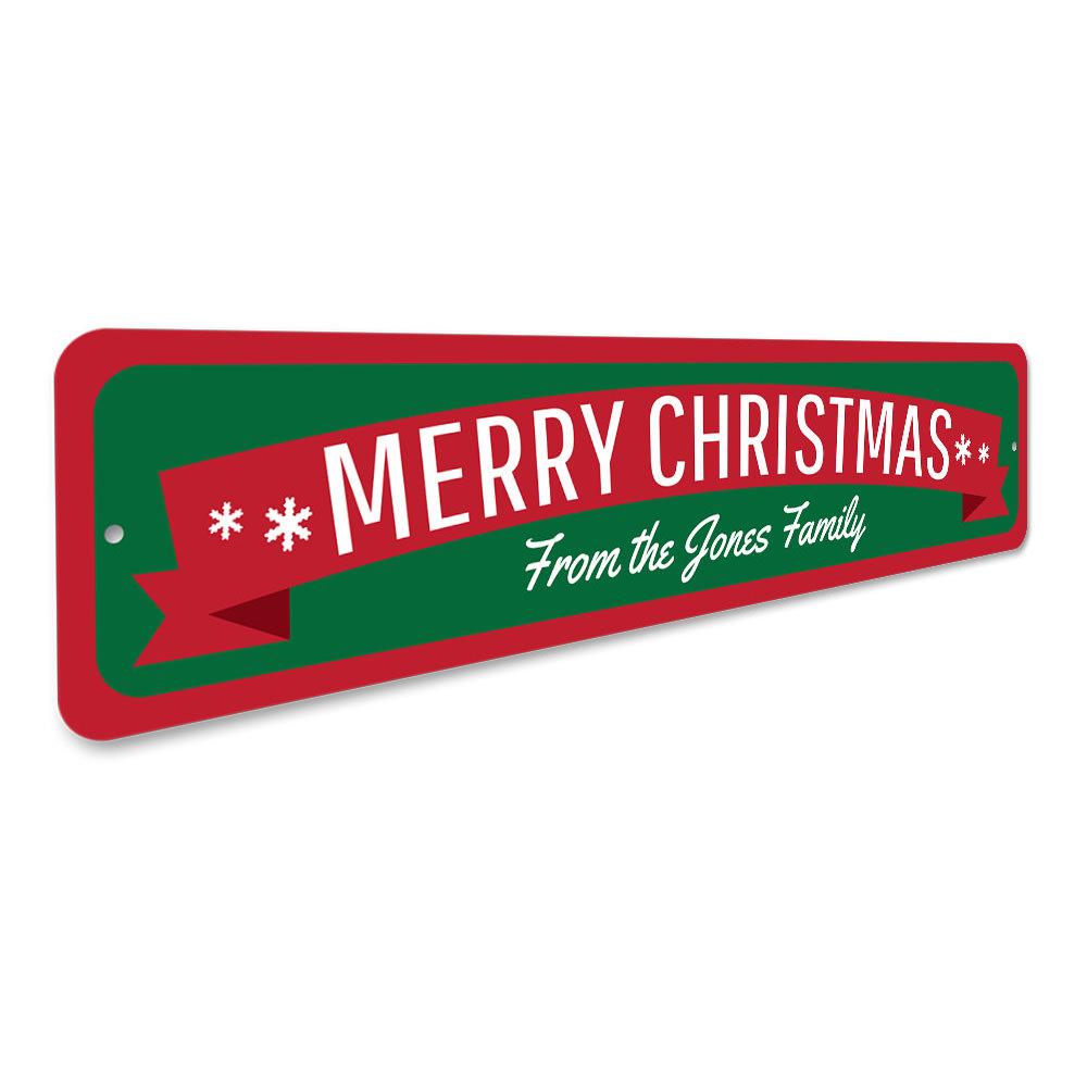 Merry Christmas Banner Sign featuring festive design and customizable text, made from high-quality aluminum.