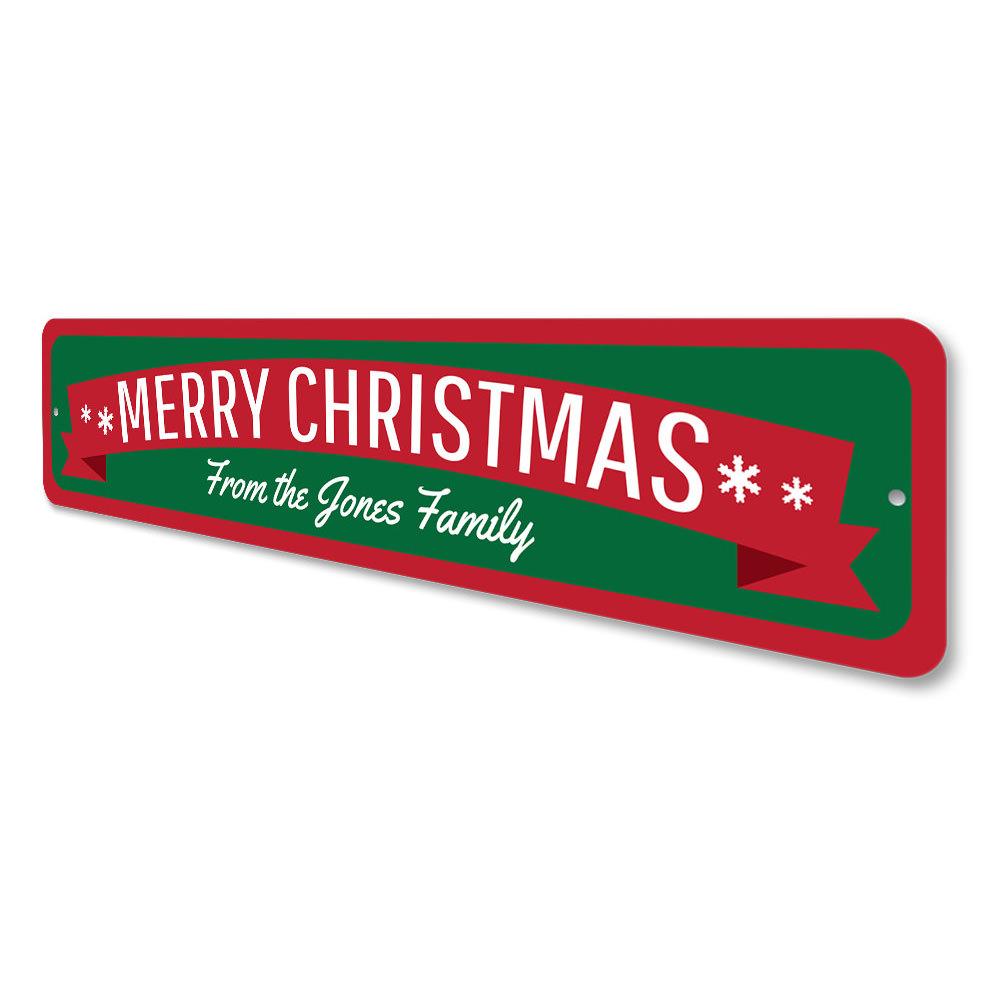 Merry Christmas Banner Sign featuring festive design and customizable text, made from high-quality aluminum.