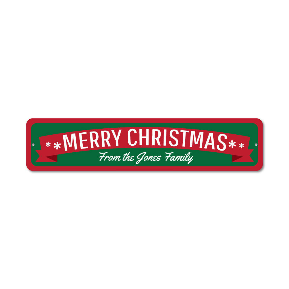 Merry Christmas Banner Sign featuring festive design and customizable text, made from high-quality aluminum.