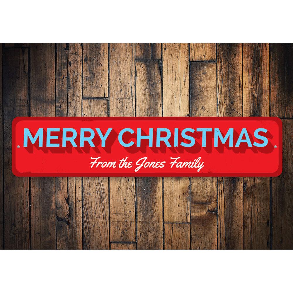 Merry Christmas Family Sign made of high-quality aluminum, featuring festive design and customizable text options, perfect for holiday decor.