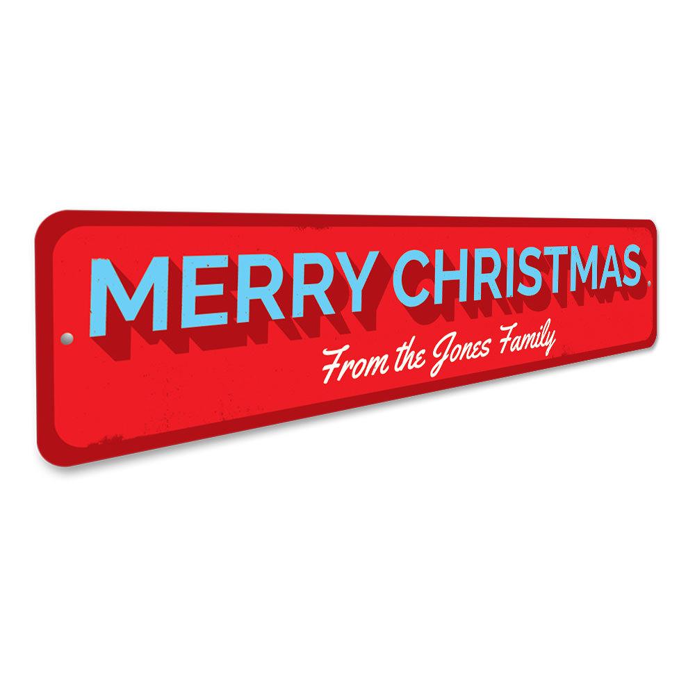 Merry Christmas Family Sign made of high-quality aluminum, featuring festive design and customizable text options, perfect for holiday decor.