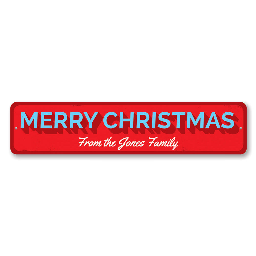 Merry Christmas Family Sign made of high-quality aluminum, featuring festive design and customizable text options, perfect for holiday decor.