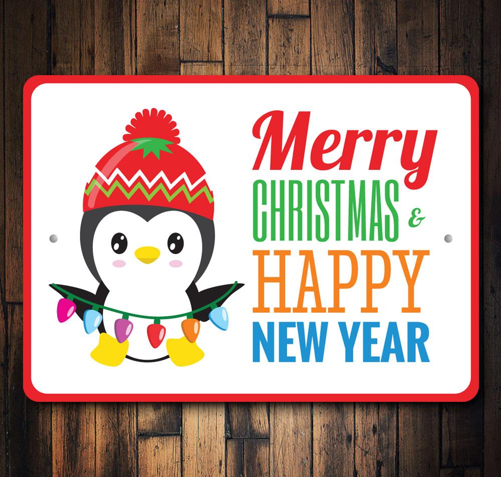 Merry Christmas Happy New Year decorative sign made of aluminum, featuring festive designs and colors, perfect for holiday decor.