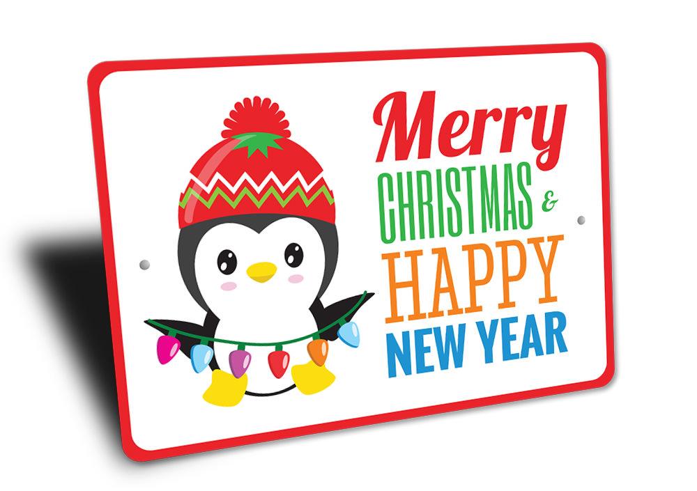 Merry Christmas Happy New Year decorative sign made of aluminum, featuring festive designs and colors, perfect for holiday decor.