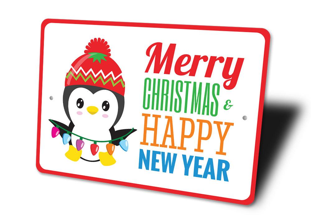 Merry Christmas Happy New Year decorative sign made of aluminum, featuring festive designs and colors, perfect for holiday decor.