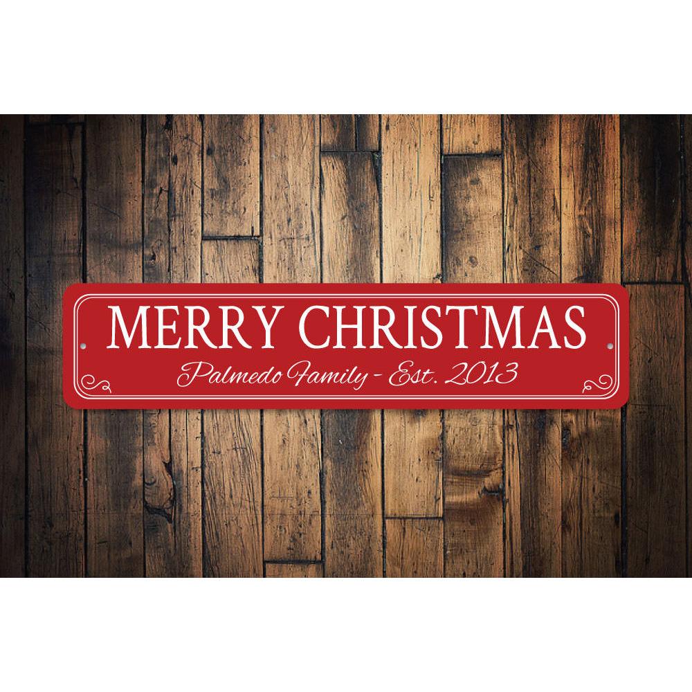 A festive Merry Christmas Sign made of high-quality aluminum, featuring a charming design perfect for holiday decorations.