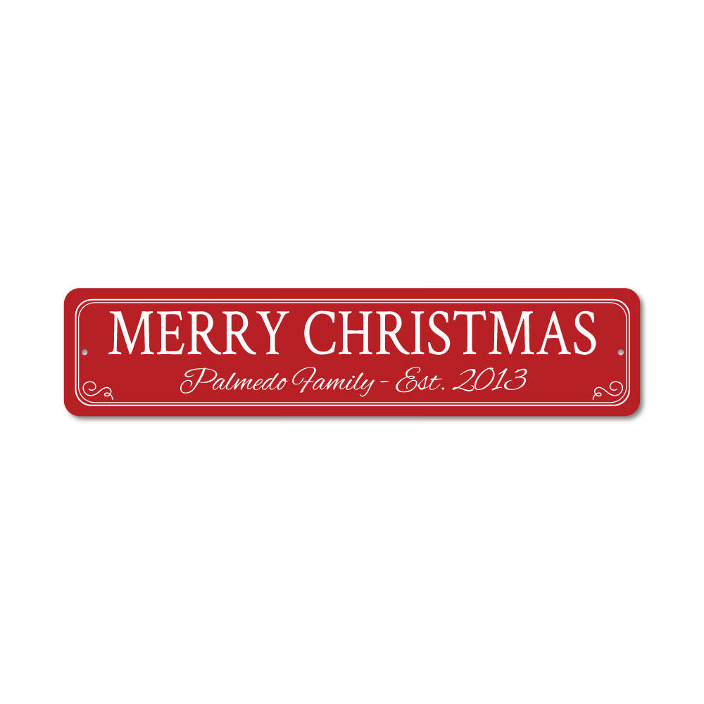 A festive Merry Christmas Sign made of high-quality aluminum, featuring a charming design perfect for holiday decorations.