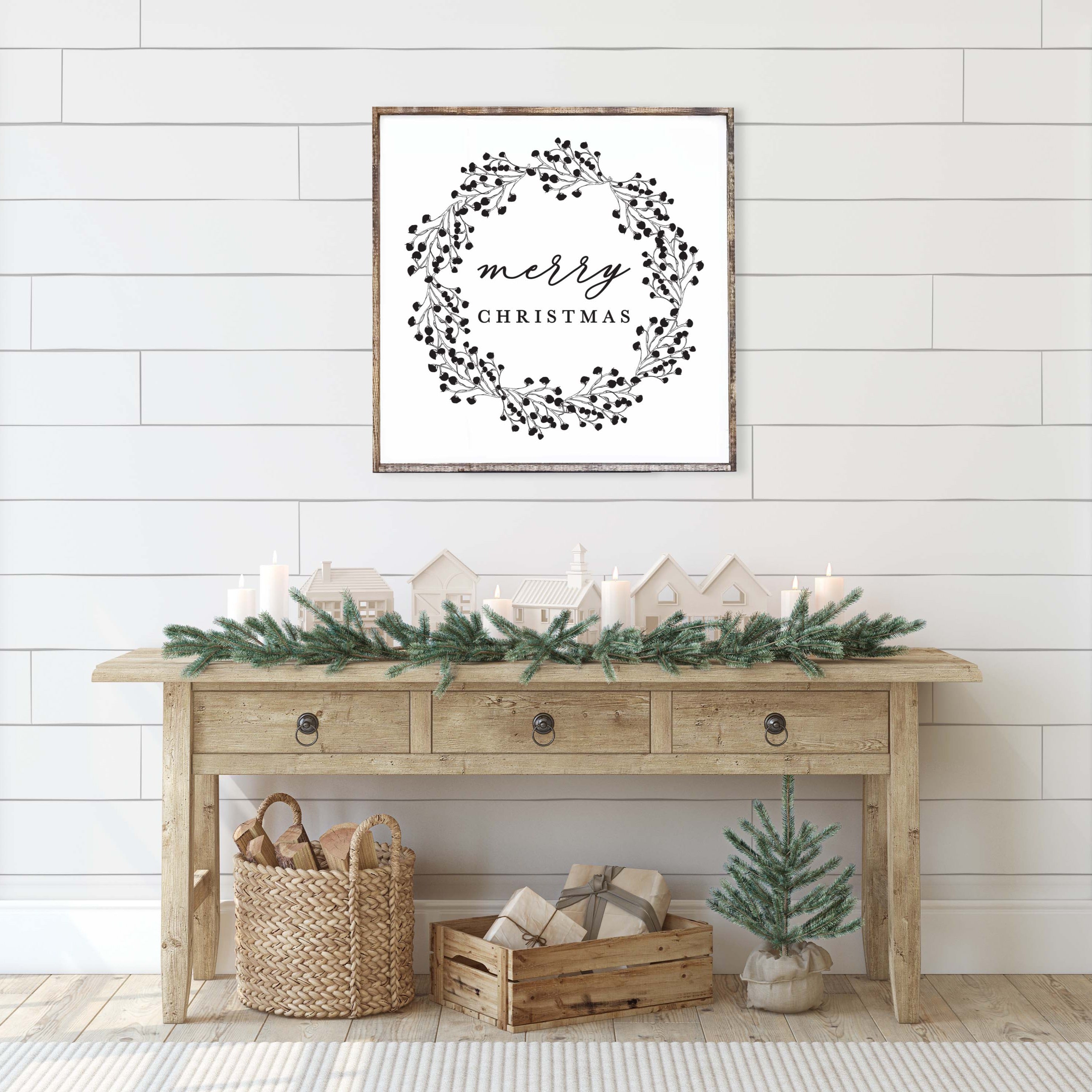 Merry Christmas Wood Sign featuring a detailed wreath design, available in black and white, framed in espresso stained pine.