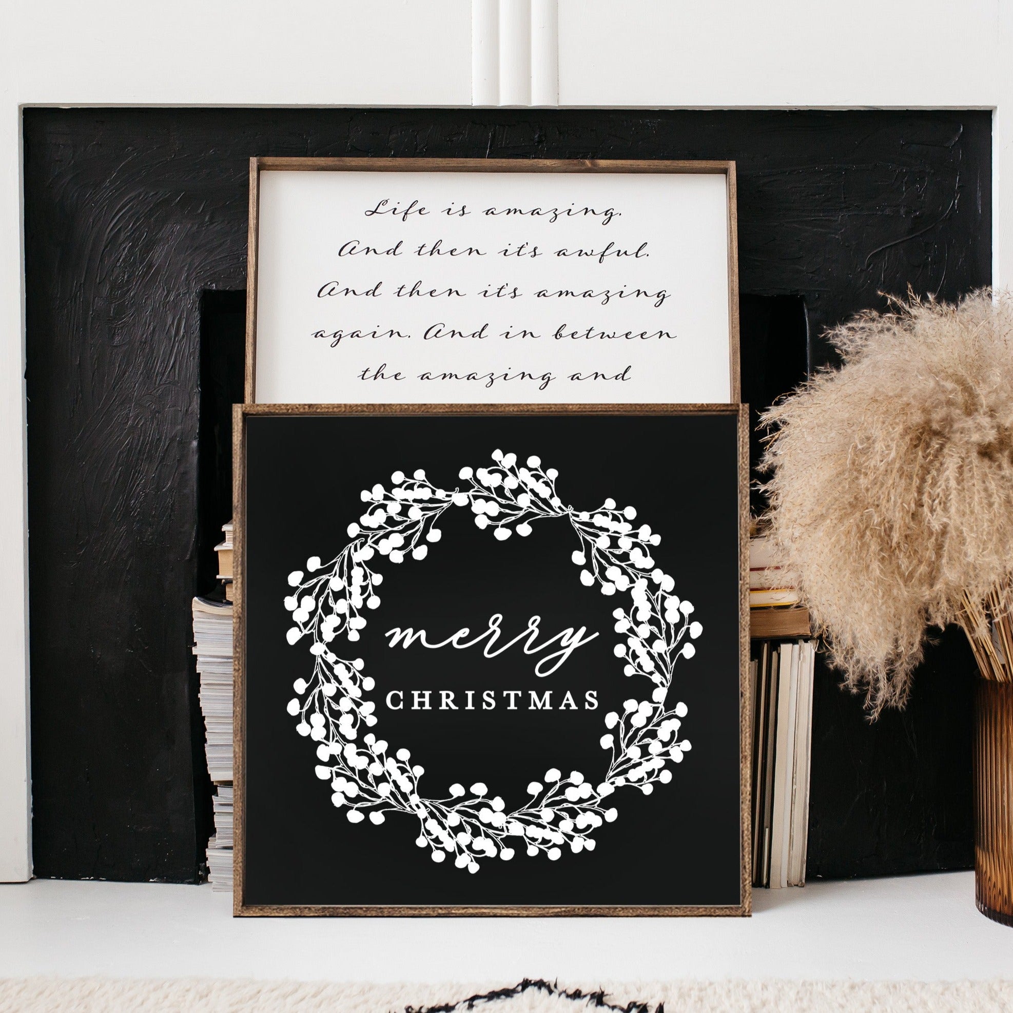 Merry Christmas Wood Sign featuring a detailed wreath design, available in black and white, framed in espresso stained pine.