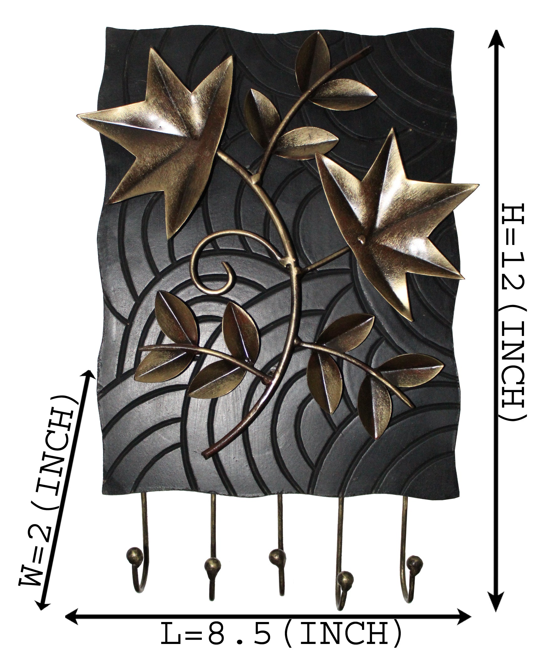 Handmade metal wall-mounted key holder with wooden base, featuring five sturdy hangers and Fleur De Lis design, perfect for organizing keys and accessories.