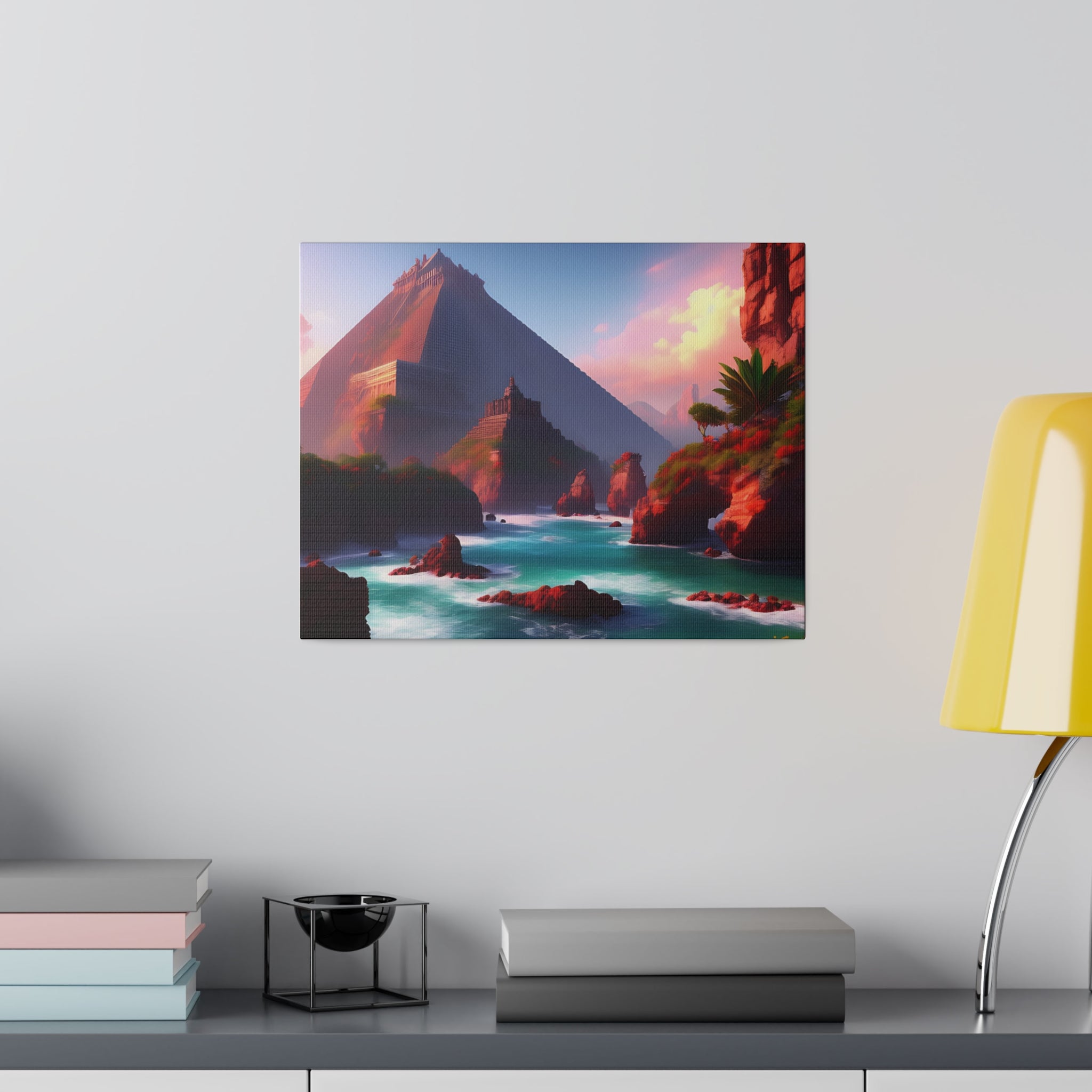 High-resolution matte canvas artwork of Chichen Itza featuring a serene water stream and ancient ruins, showcasing vibrant colors and intricate details.