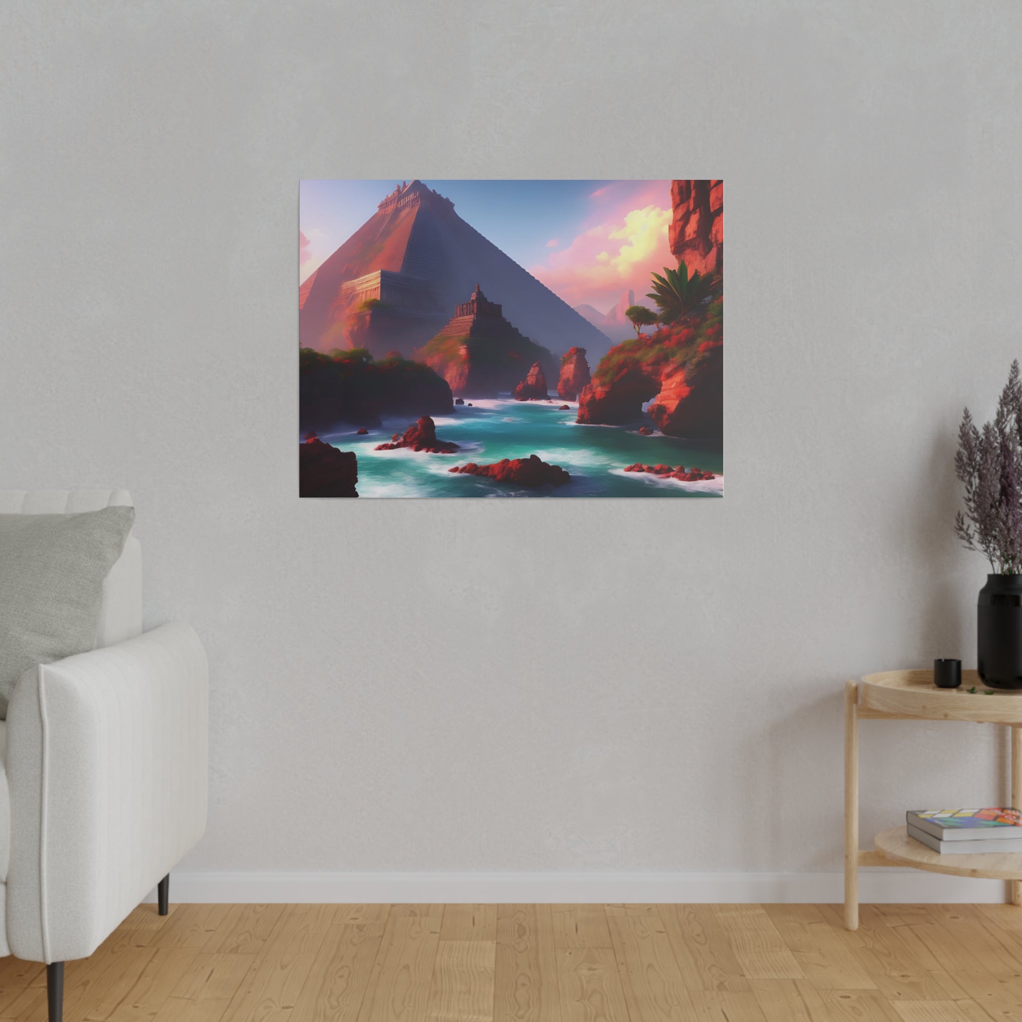 High-resolution matte canvas artwork of Chichen Itza featuring a serene water stream and ancient ruins, showcasing vibrant colors and intricate details.