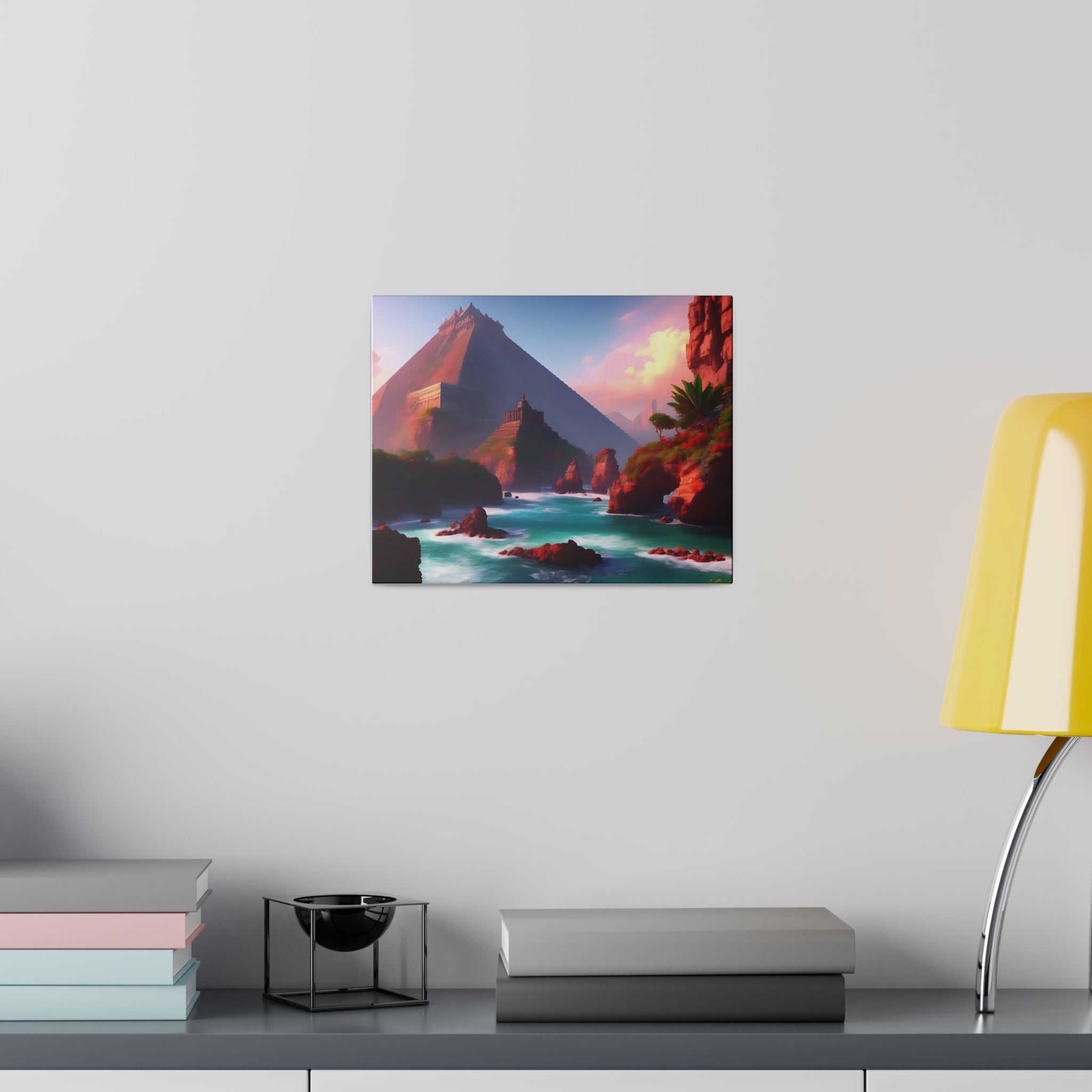 High-resolution matte canvas artwork of Chichen Itza featuring a serene water stream and ancient ruins, showcasing vibrant colors and intricate details.