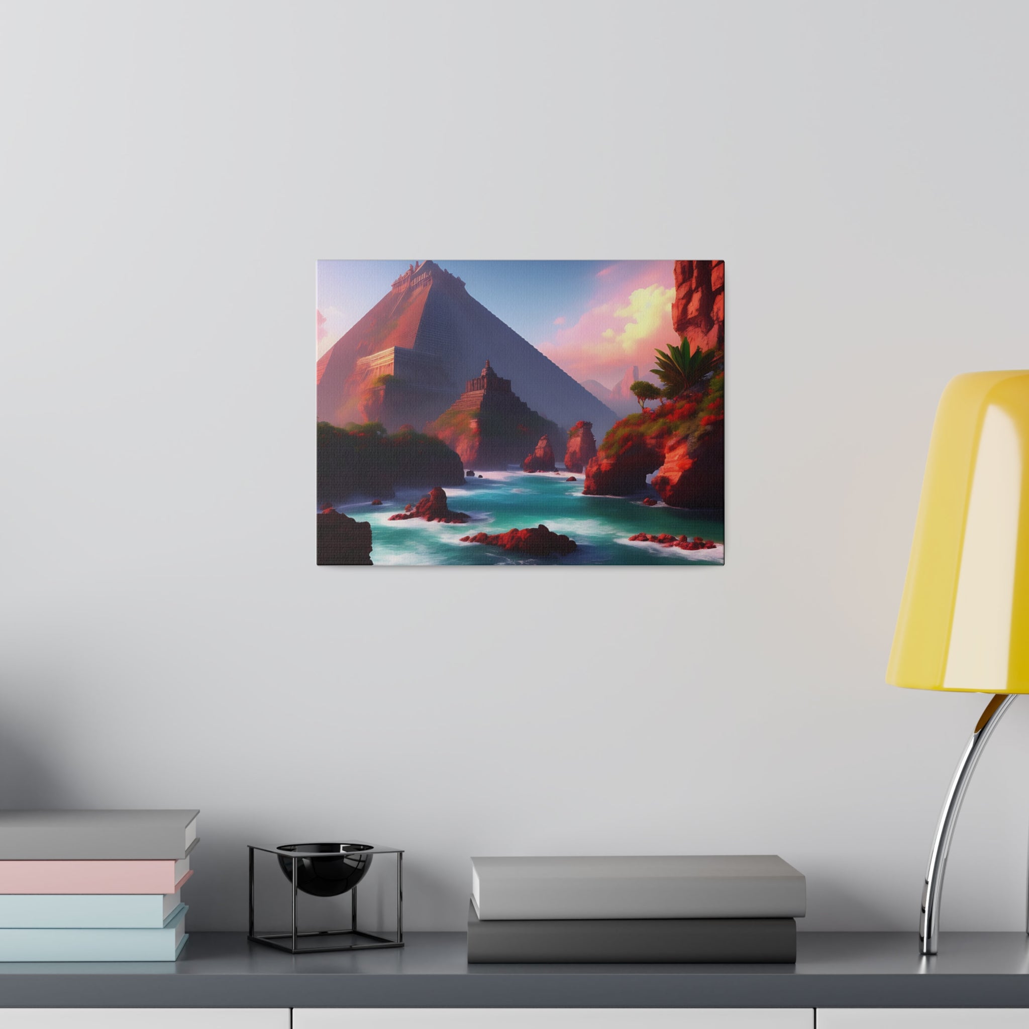 High-resolution matte canvas artwork of Chichen Itza featuring a serene water stream and ancient ruins, showcasing vibrant colors and intricate details.