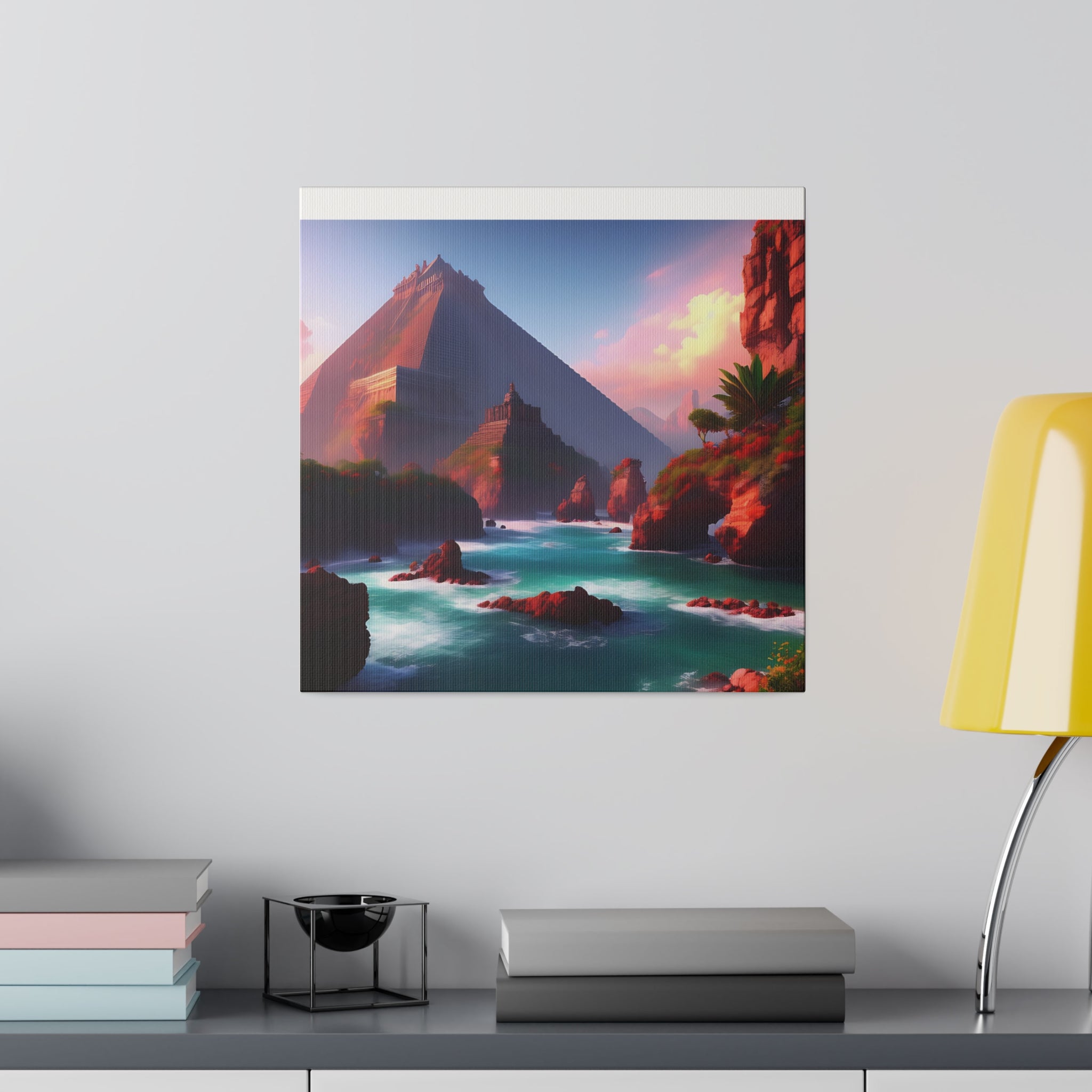 High-resolution matte canvas artwork of Chichen Itza featuring a serene water stream and ancient ruins, showcasing vibrant colors and intricate details.