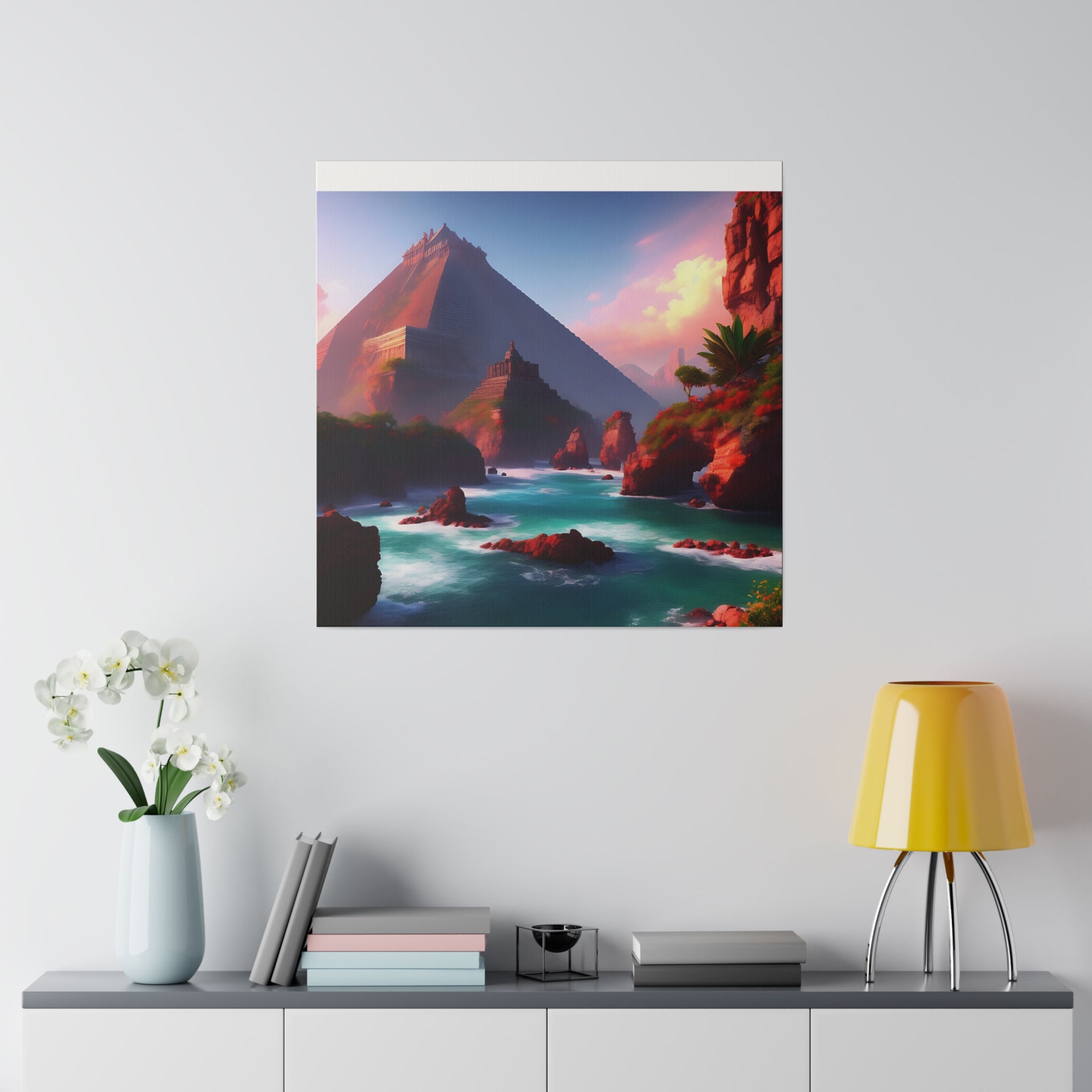 High-resolution matte canvas artwork of Chichen Itza featuring a serene water stream and ancient ruins, showcasing vibrant colors and intricate details.