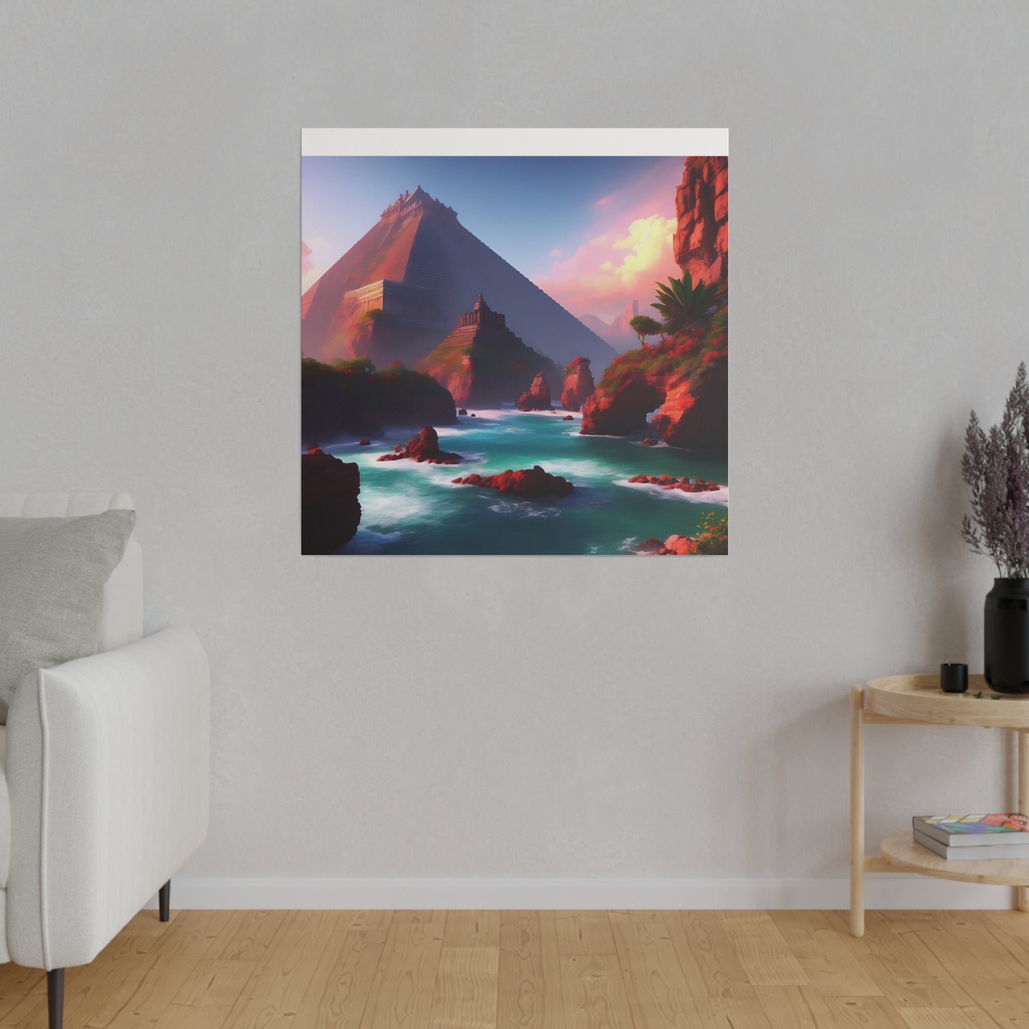 High-resolution matte canvas artwork of Chichen Itza featuring a serene water stream and ancient ruins, showcasing vibrant colors and intricate details.