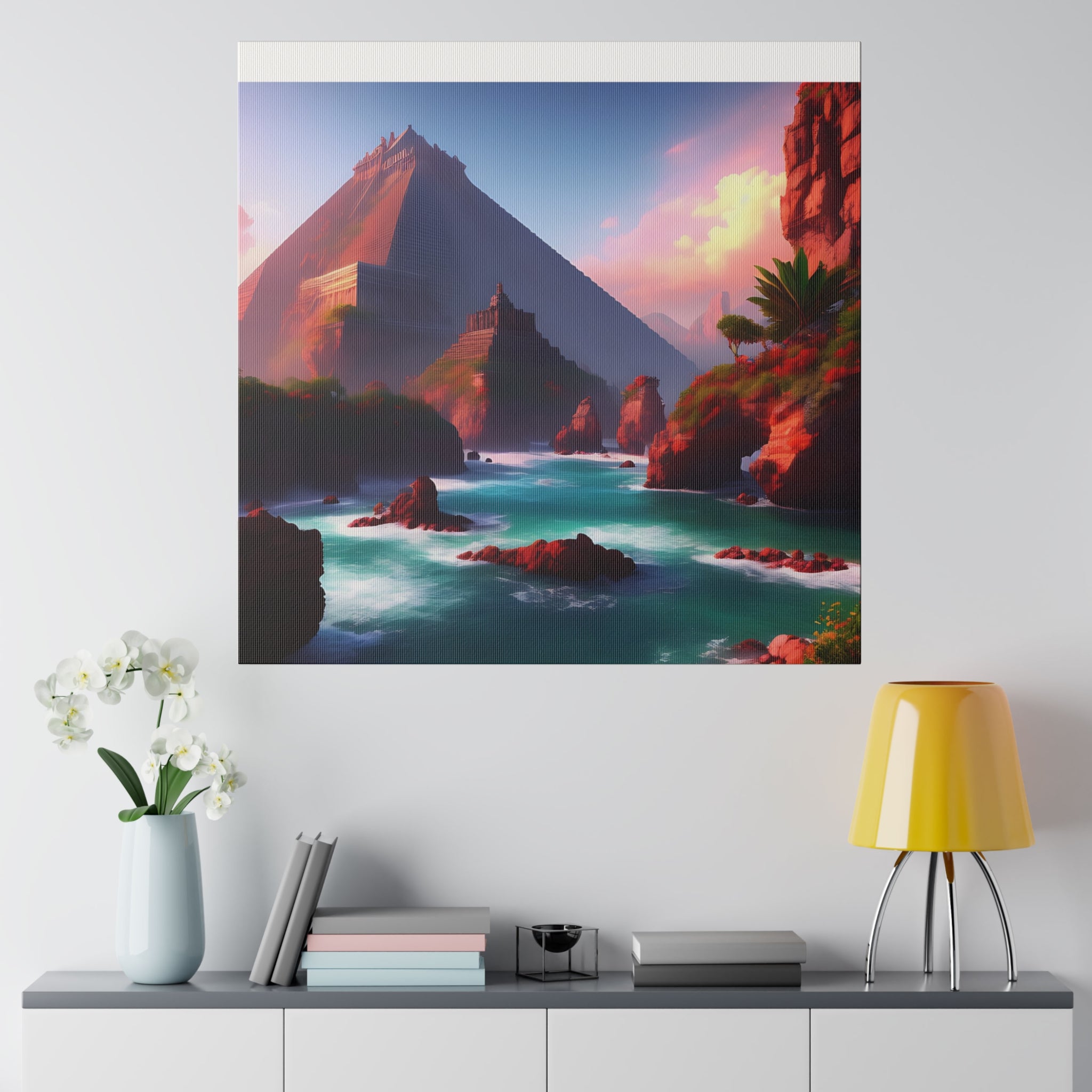 High-resolution matte canvas artwork of Chichen Itza featuring a serene water stream and ancient ruins, showcasing vibrant colors and intricate details.