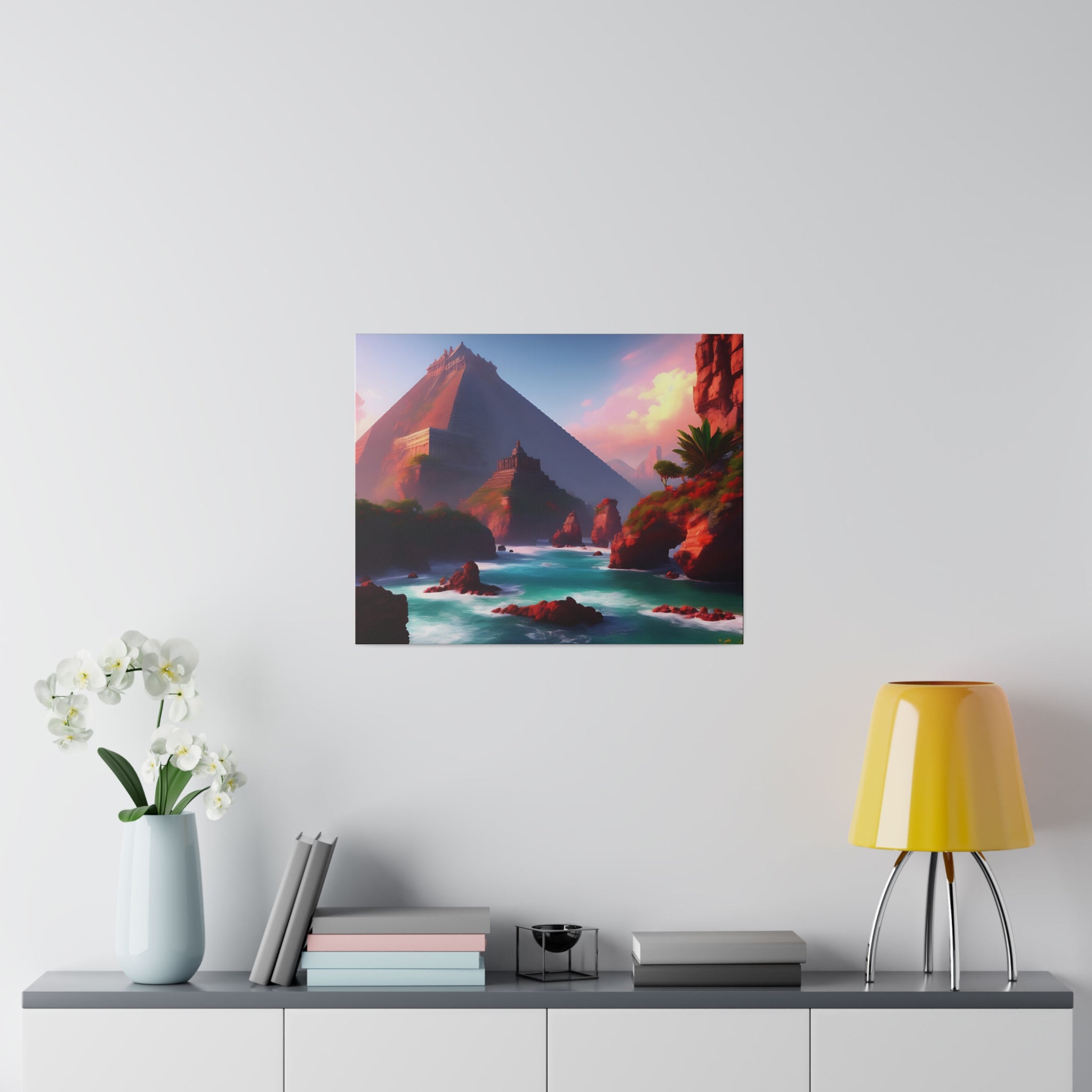 High-resolution matte canvas artwork of Chichen Itza featuring a serene water stream and ancient ruins, showcasing vibrant colors and intricate details.