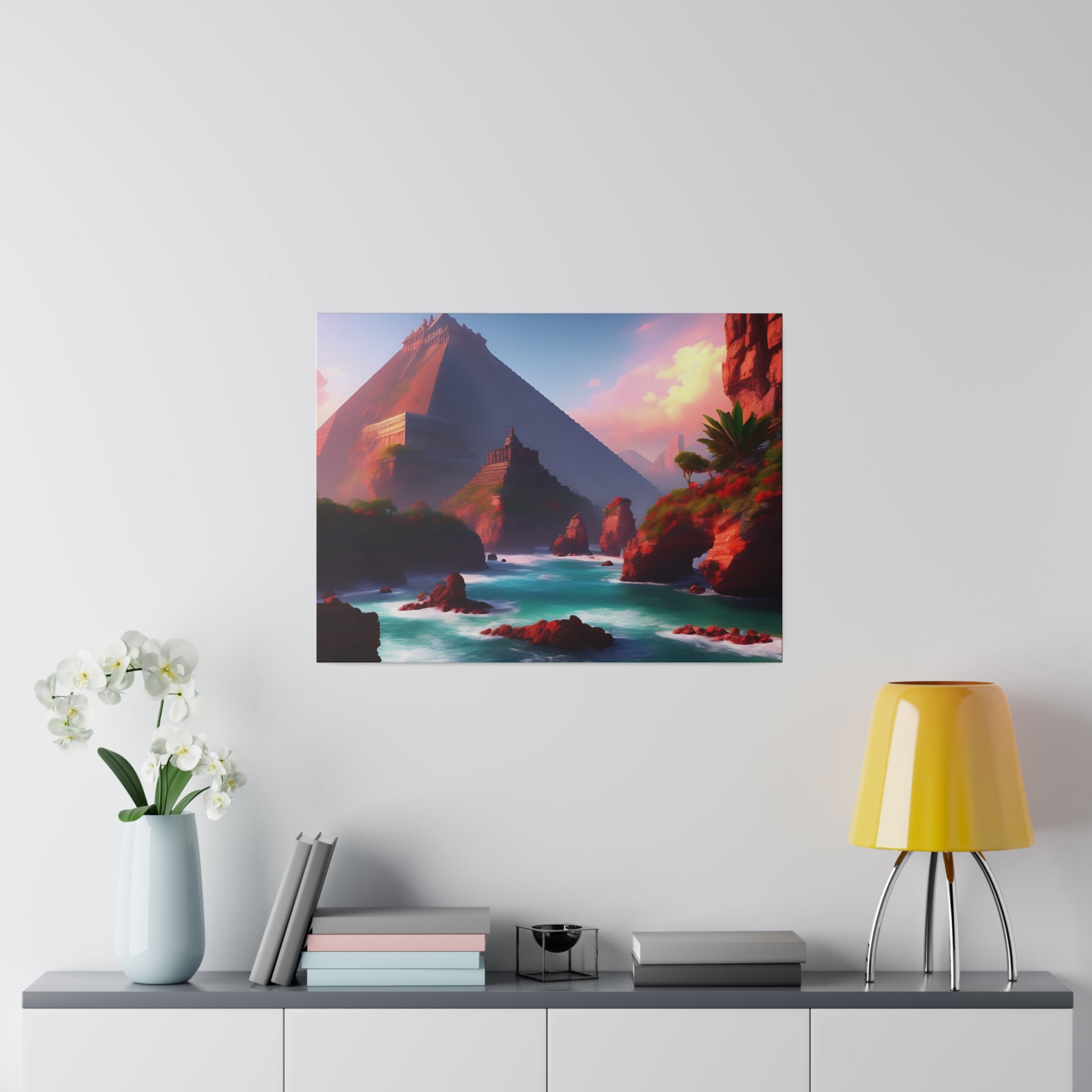 High-resolution matte canvas artwork of Chichen Itza featuring a serene water stream and ancient ruins, showcasing vibrant colors and intricate details.