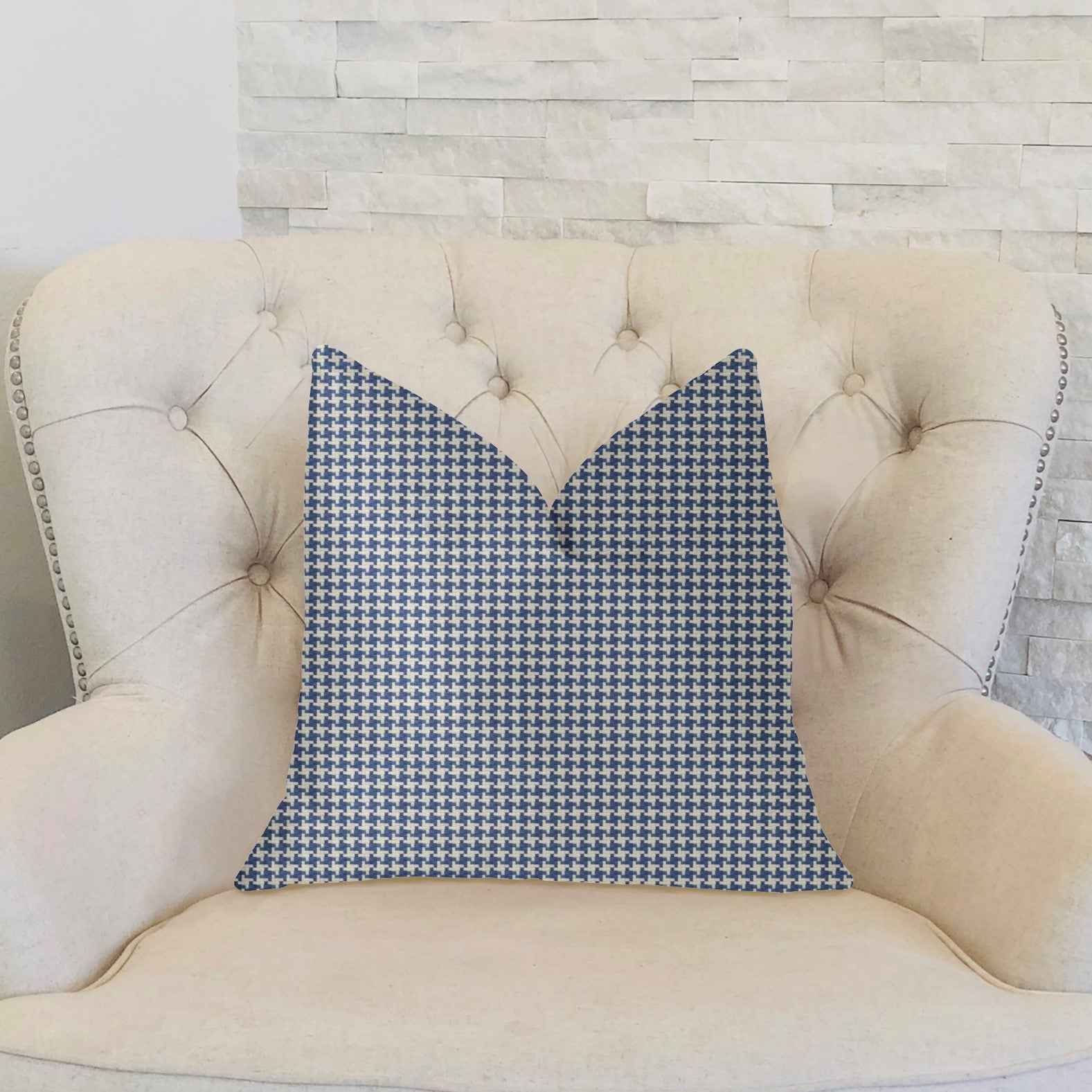 Mezmerize Blue, Beige and Black Luxury Throw Pillow showcasing a checkered pattern with an invisible zipper, handmade in the USA.