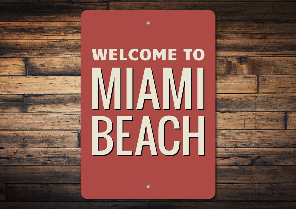 Miami Beach Sign made of high-quality aluminum, featuring customizable text and vibrant coastal design, perfect for beach-themed decor.