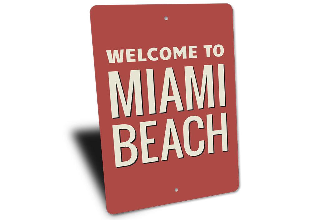 Miami Beach Sign made of high-quality aluminum, featuring customizable text and vibrant coastal design, perfect for beach-themed decor.