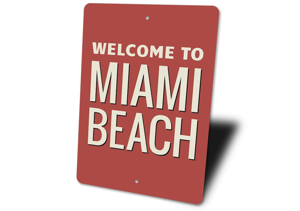 Miami Beach Sign made of high-quality aluminum, featuring customizable text and vibrant coastal design, perfect for beach-themed decor.