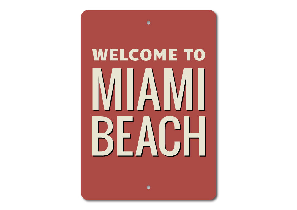 Miami Beach Sign made of high-quality aluminum, featuring customizable text and vibrant coastal design, perfect for beach-themed decor.