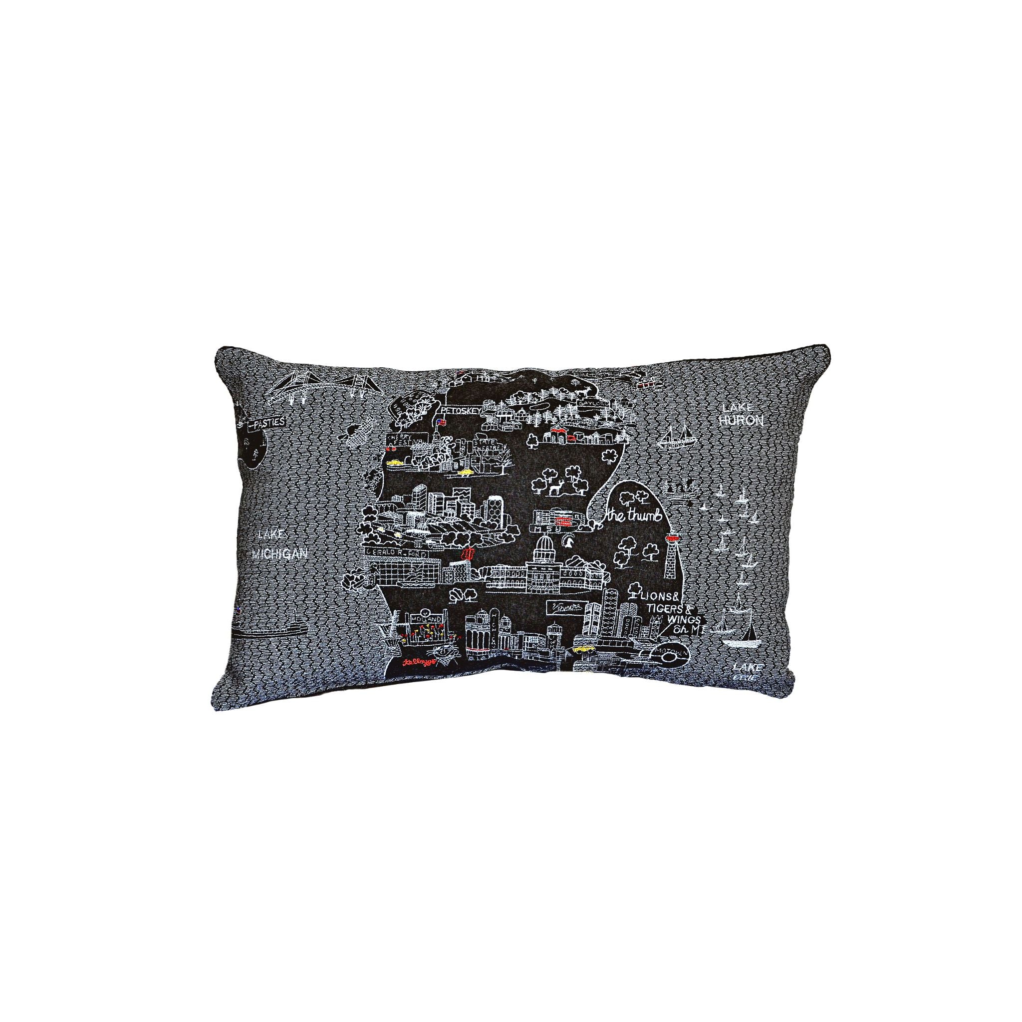 Michigan Lower Peninsula Pillow showcasing a mitten-shaped design with a red zipper, made of wool and nylon fabric.