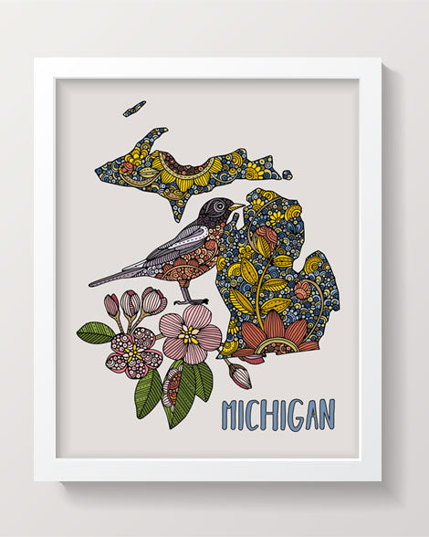 An 8x10 archival art print of Michigan State Map featuring the American robin and Apple Blossom, beautifully illustrated in pen and ink with digital coloring.