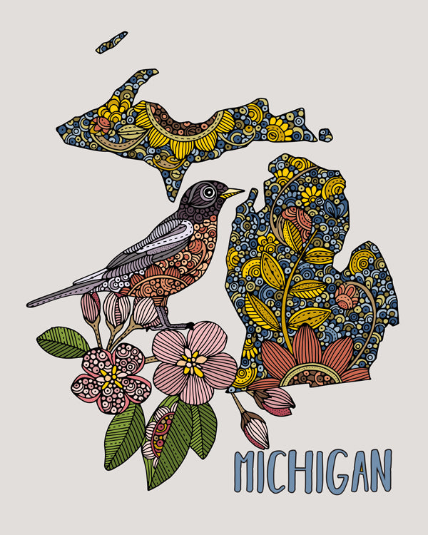 An 8x10 archival art print of Michigan State Map featuring the American robin and Apple Blossom, beautifully illustrated in pen and ink with digital coloring.