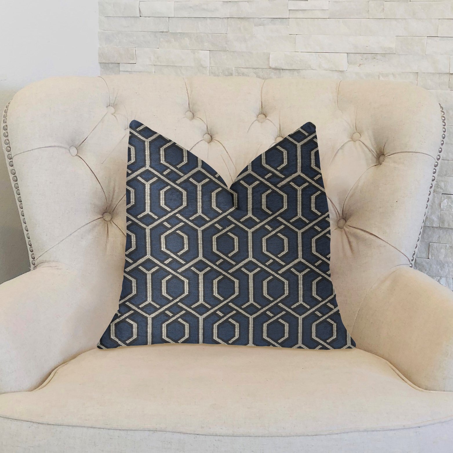 Midnight Padlock Blue, Black and Beige Luxury Throw Pillow featuring a geometric design with an invisible zipper and plush filling.