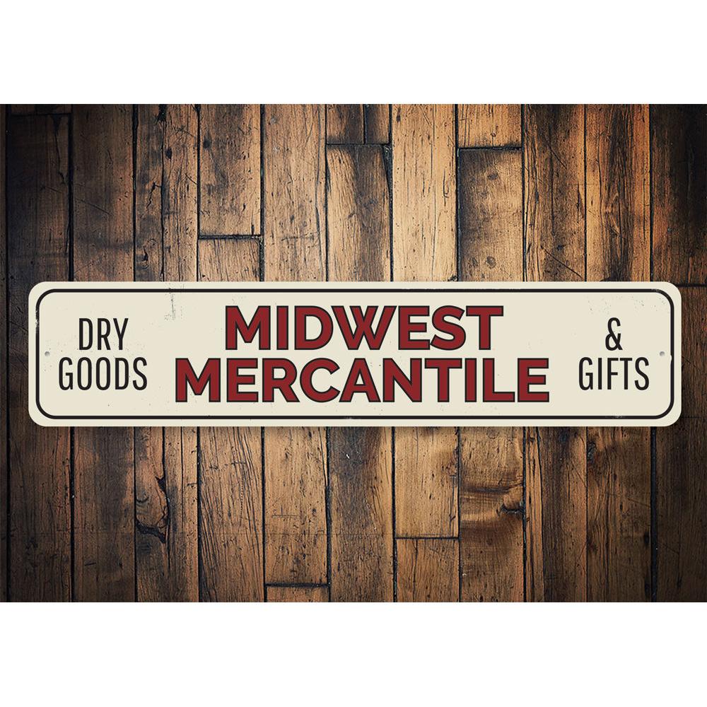 Midwest Mercantile Sign made of high-quality aluminum, featuring customizable text and pre-drilled holes for easy mounting, ideal for businesses and gifts.