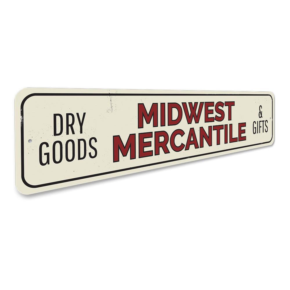 Midwest Mercantile Sign made of high-quality aluminum, featuring customizable text and pre-drilled holes for easy mounting, ideal for businesses and gifts.