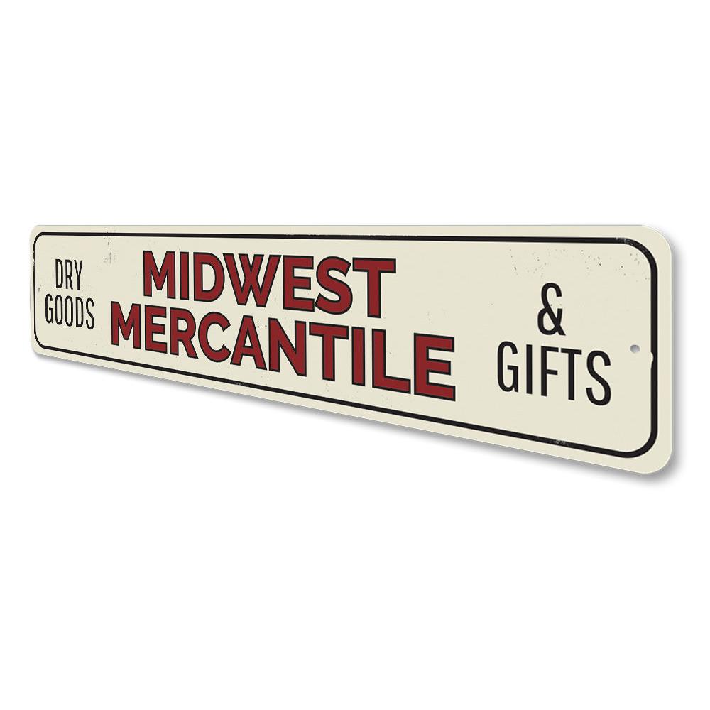 Midwest Mercantile Sign made of high-quality aluminum, featuring customizable text and pre-drilled holes for easy mounting, ideal for businesses and gifts.