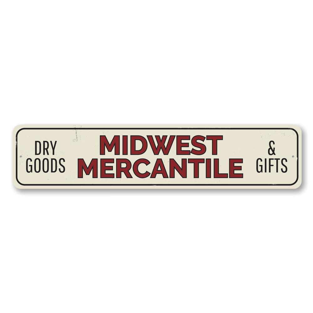 Midwest Mercantile Sign made of high-quality aluminum, featuring customizable text and pre-drilled holes for easy mounting, ideal for businesses and gifts.