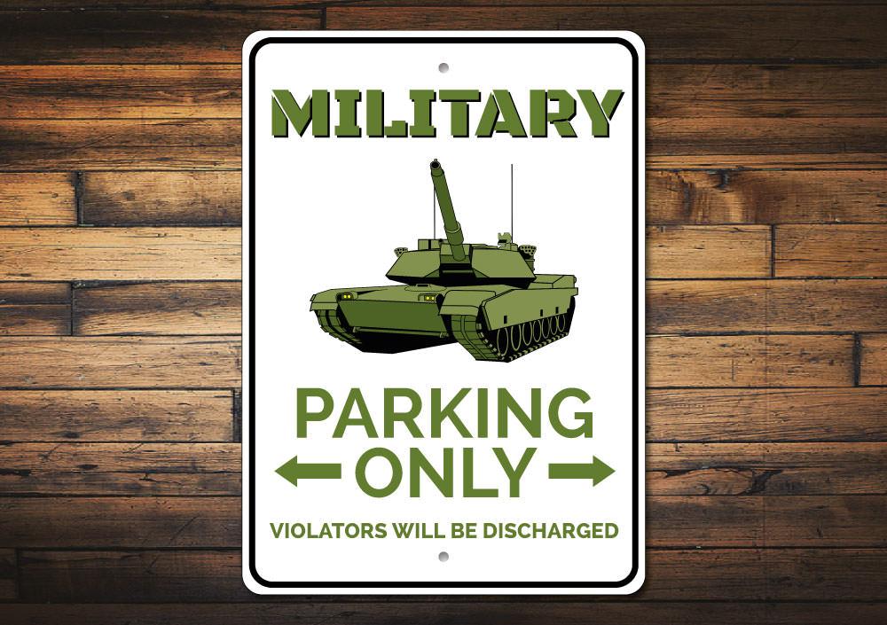 A Military Parking Sign made of durable aluminum, featuring customizable text and pre-drilled holes for easy mounting.