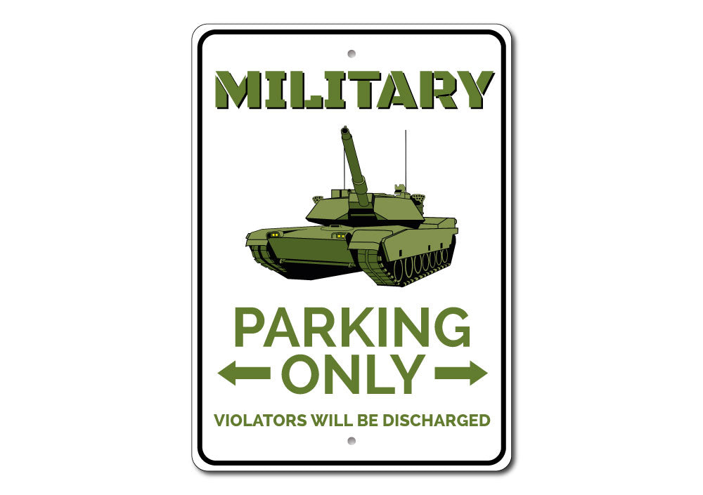 A Military Parking Sign made of durable aluminum, featuring customizable text and pre-drilled holes for easy mounting.