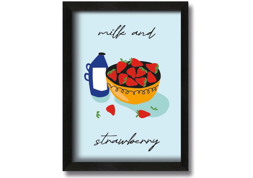 A beautifully framed print of milk and strawberries, showcasing vibrant colors and intricate details, ready to hang on the wall.