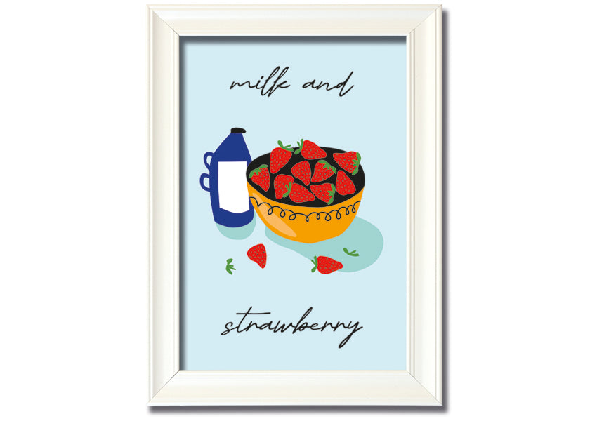 A beautifully framed print of milk and strawberries, showcasing vibrant colors and intricate details, ready to hang on the wall.