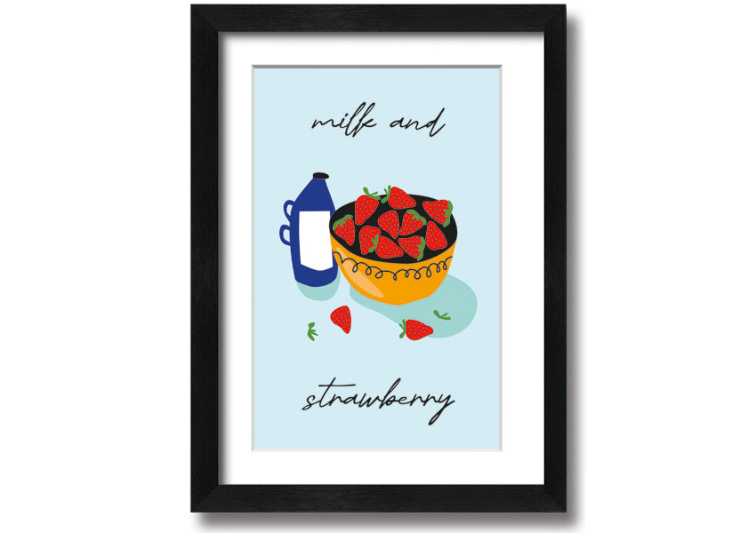 A beautifully framed print of milk and strawberries, showcasing vibrant colors and intricate details, ready to hang on the wall.