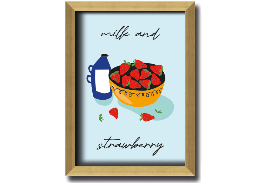 A beautifully framed print of milk and strawberries, showcasing vibrant colors and intricate details, ready to hang on the wall.