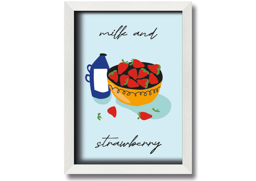 A beautifully framed print of milk and strawberries, showcasing vibrant colors and intricate details, ready to hang on the wall.