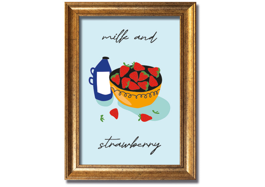 A beautifully framed print of milk and strawberries, showcasing vibrant colors and intricate details, ready to hang on the wall.