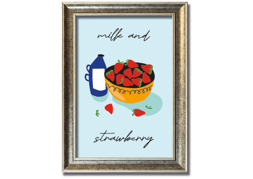 A beautifully framed print of milk and strawberries, showcasing vibrant colors and intricate details, ready to hang on the wall.