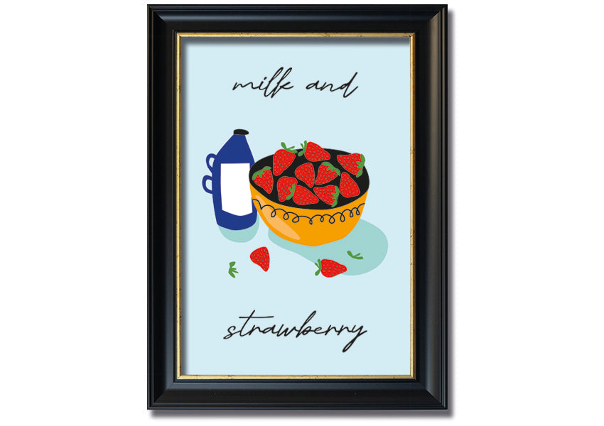 A beautifully framed print of milk and strawberries, showcasing vibrant colors and intricate details, ready to hang on the wall.