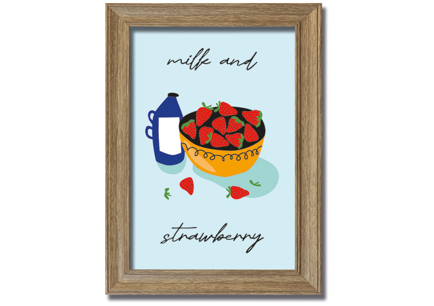 A beautifully framed print of milk and strawberries, showcasing vibrant colors and intricate details, ready to hang on the wall.