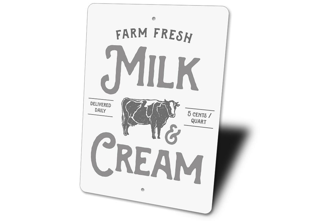 A decorative Milk & Cream Sign made of high-quality aluminum, featuring customizable text options, perfect for kitchen decor.